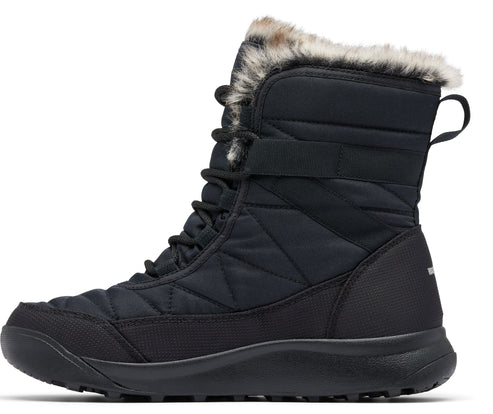 Black quilted boot with fur trim and laces.