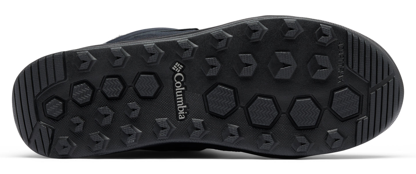 Black shoe sole with a variety of hexagon and arrow-shaped treads and "Columbia" text.