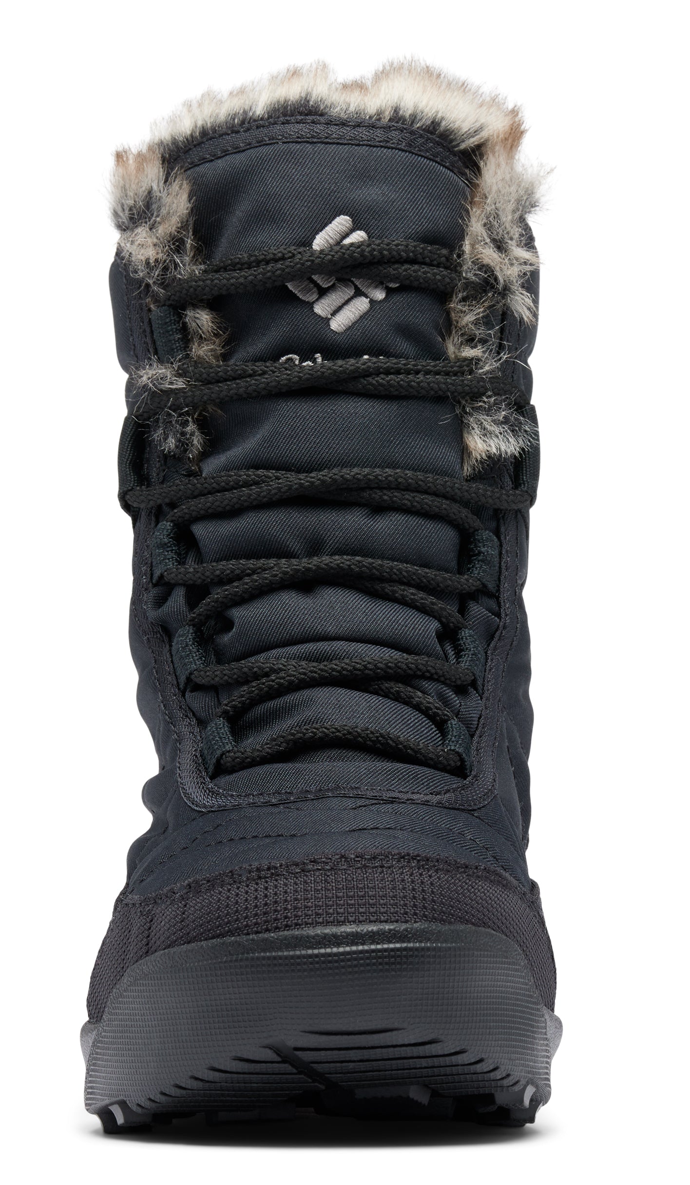 Black snow boot with faux fur trim and laced closure.