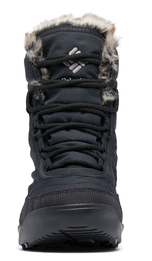 Black snow boot with faux fur trim and laced closure.