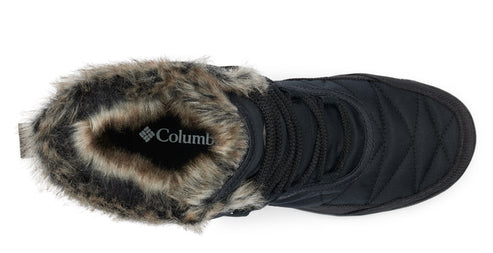 Top-down view of a black quilted boot with fur trim.