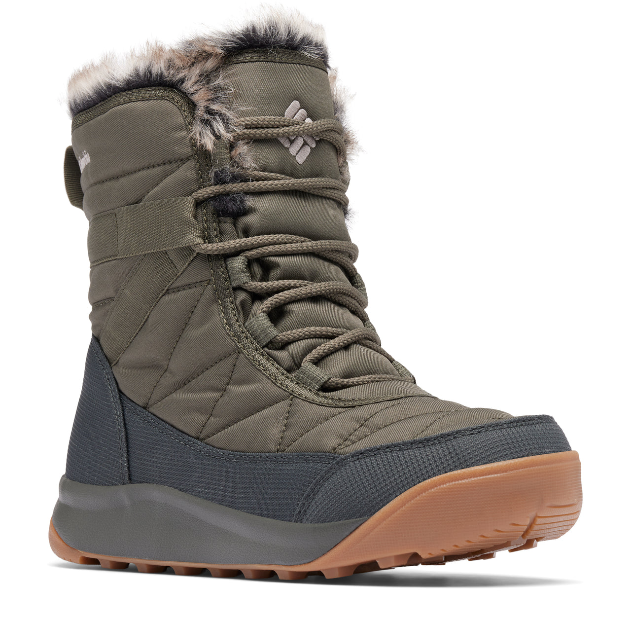 Olive green insulated winter boot with faux fur trim.