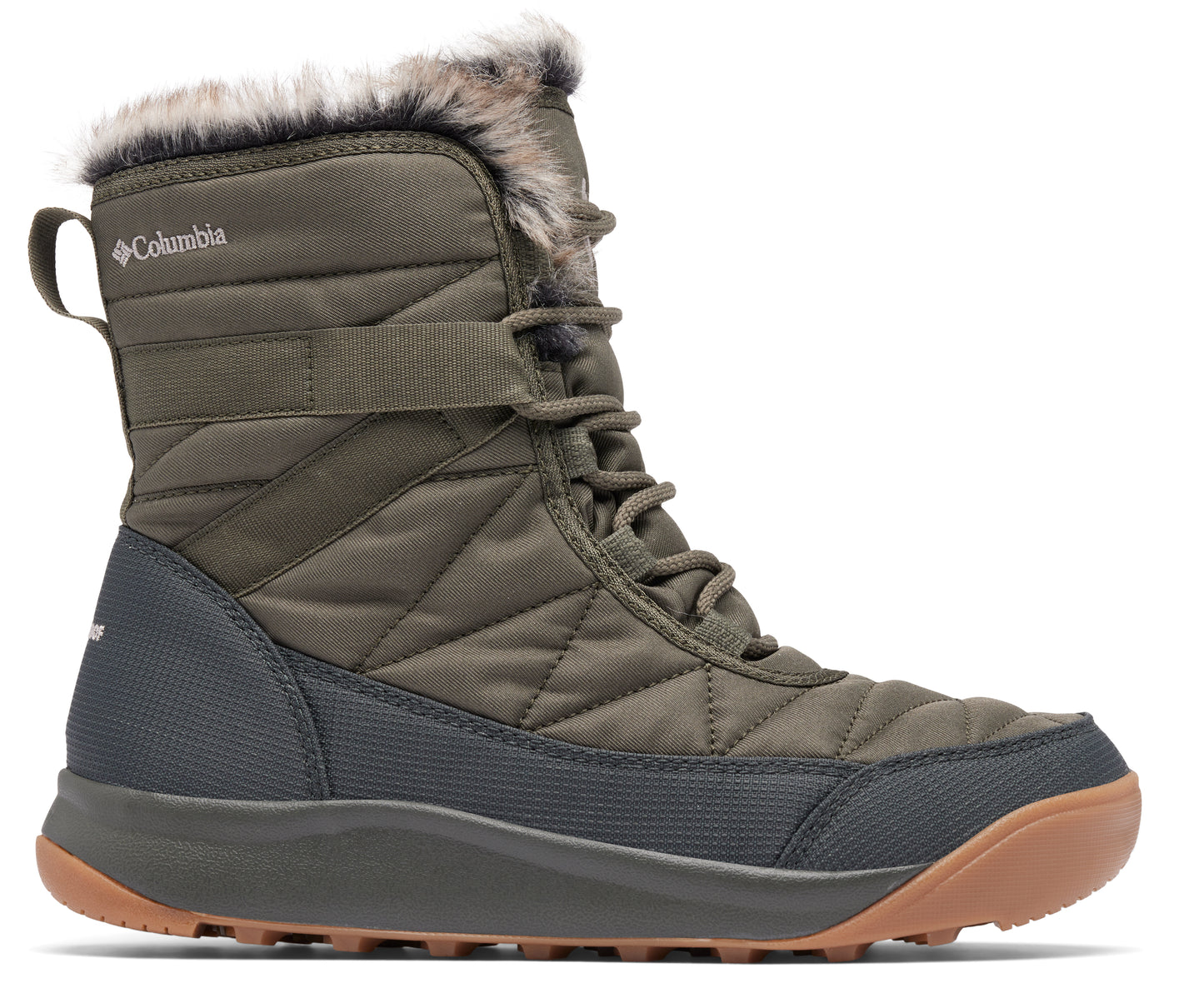Olive green quilted snow boot with faux fur trim and brown sole.