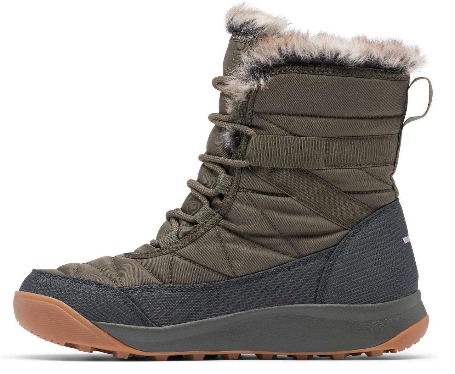 Olive green, mid-calf winter boot with faux fur trim and brown sole.
