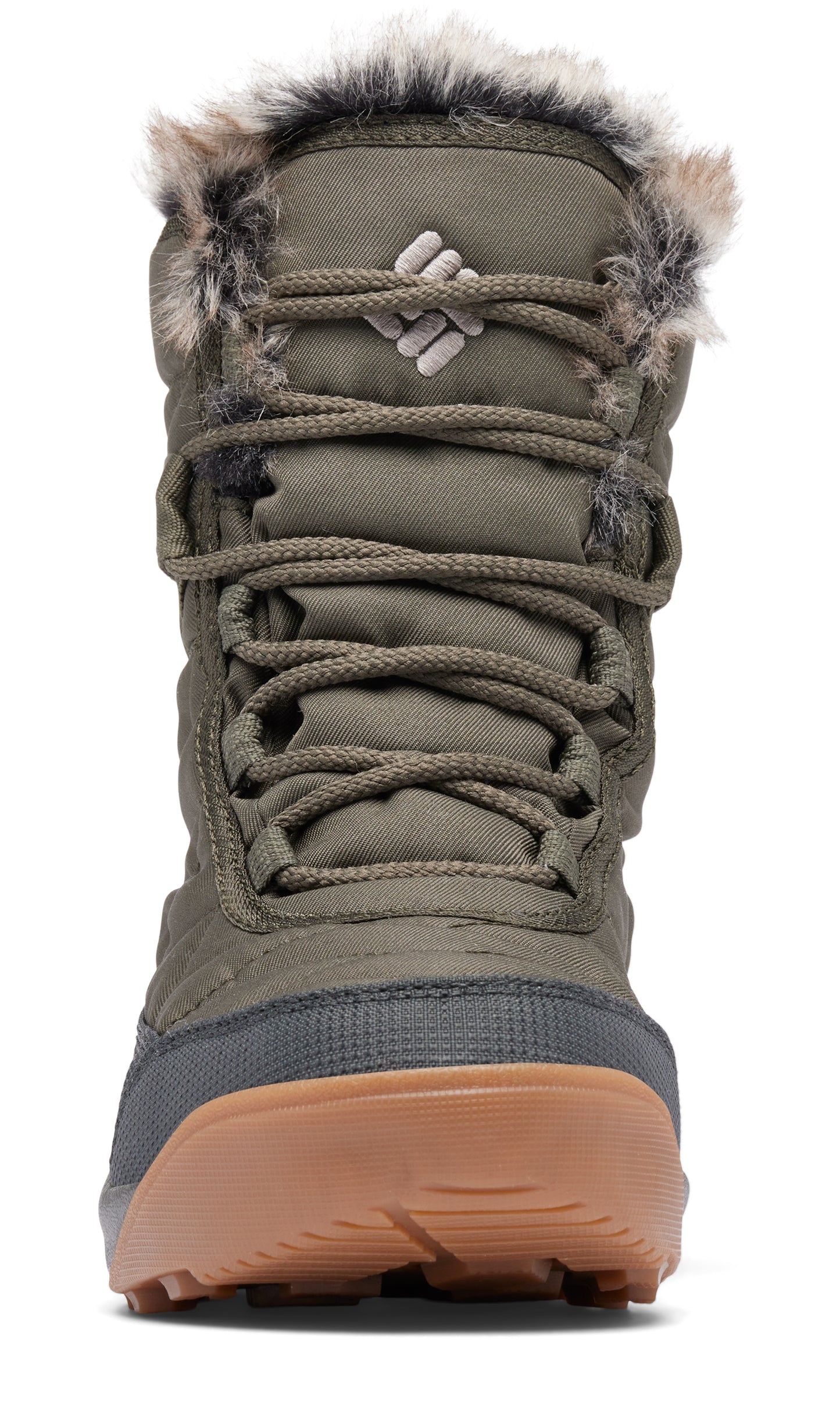Front view of a short, laced olive green boot with gray bottom and brown sole, and fur trim.
