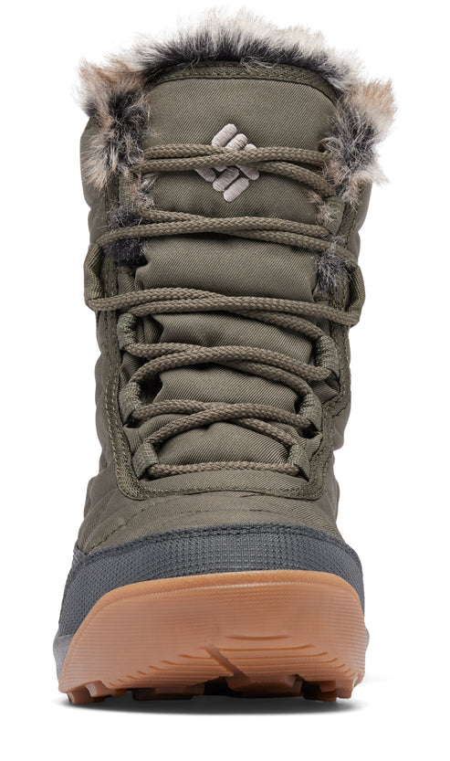 Front view of a short, laced olive green boot with gray bottom and brown sole, and fur trim.
