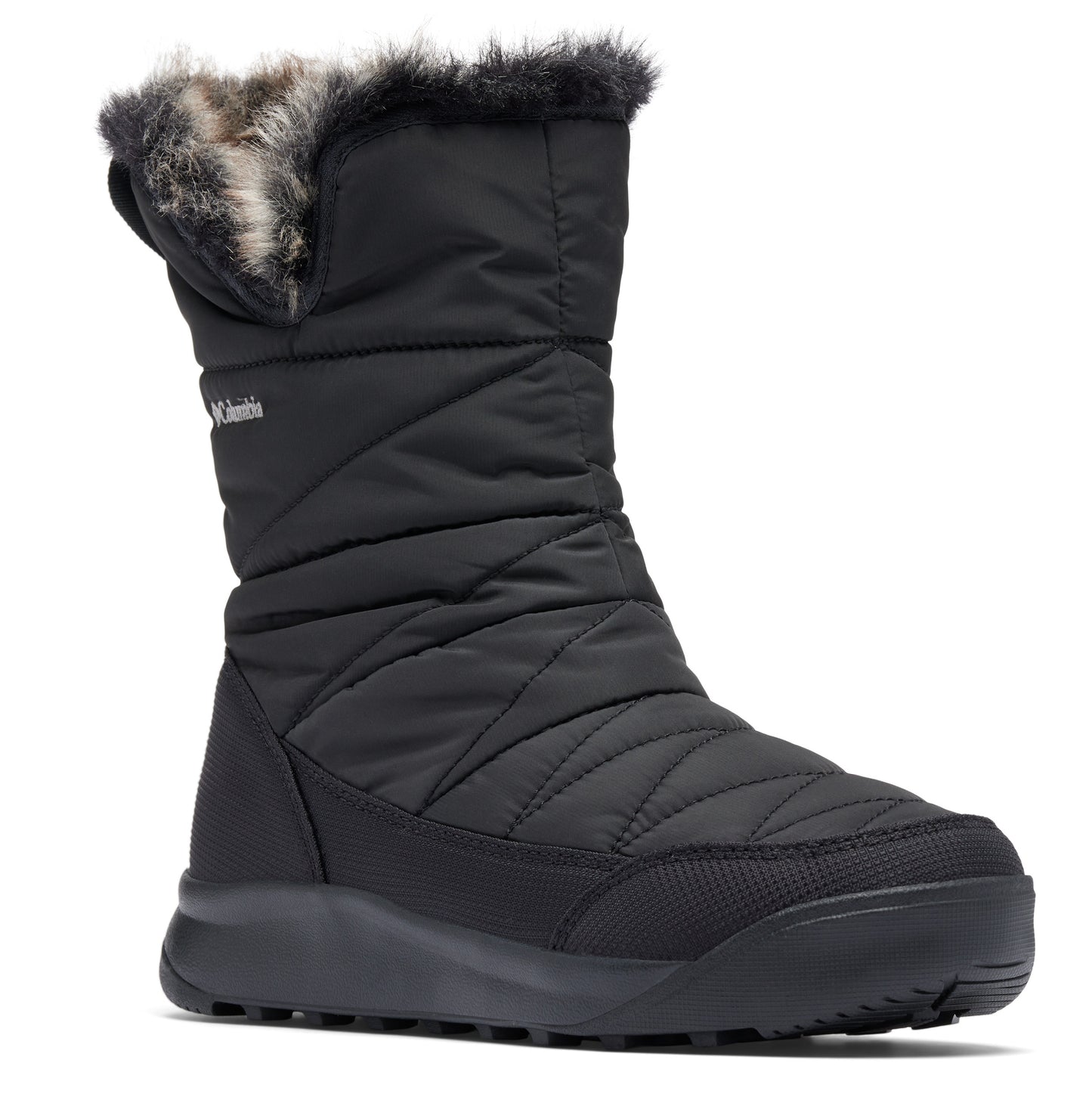 Black, quilted, calf-high boot with faux fur trim.