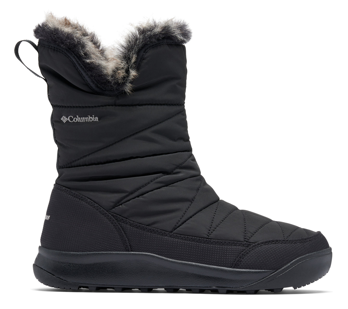 Black snow boot with faux fur trim and a quilted pattern.