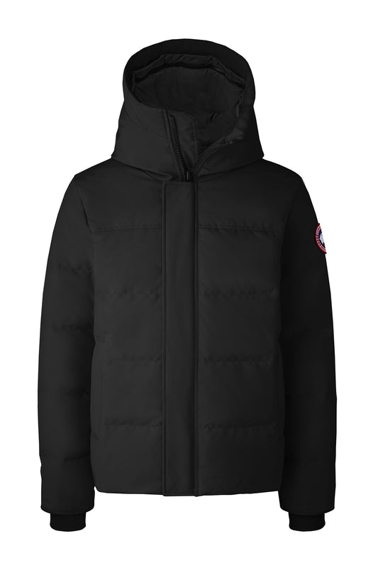Black hooded down jacket with pink patch on the arm.