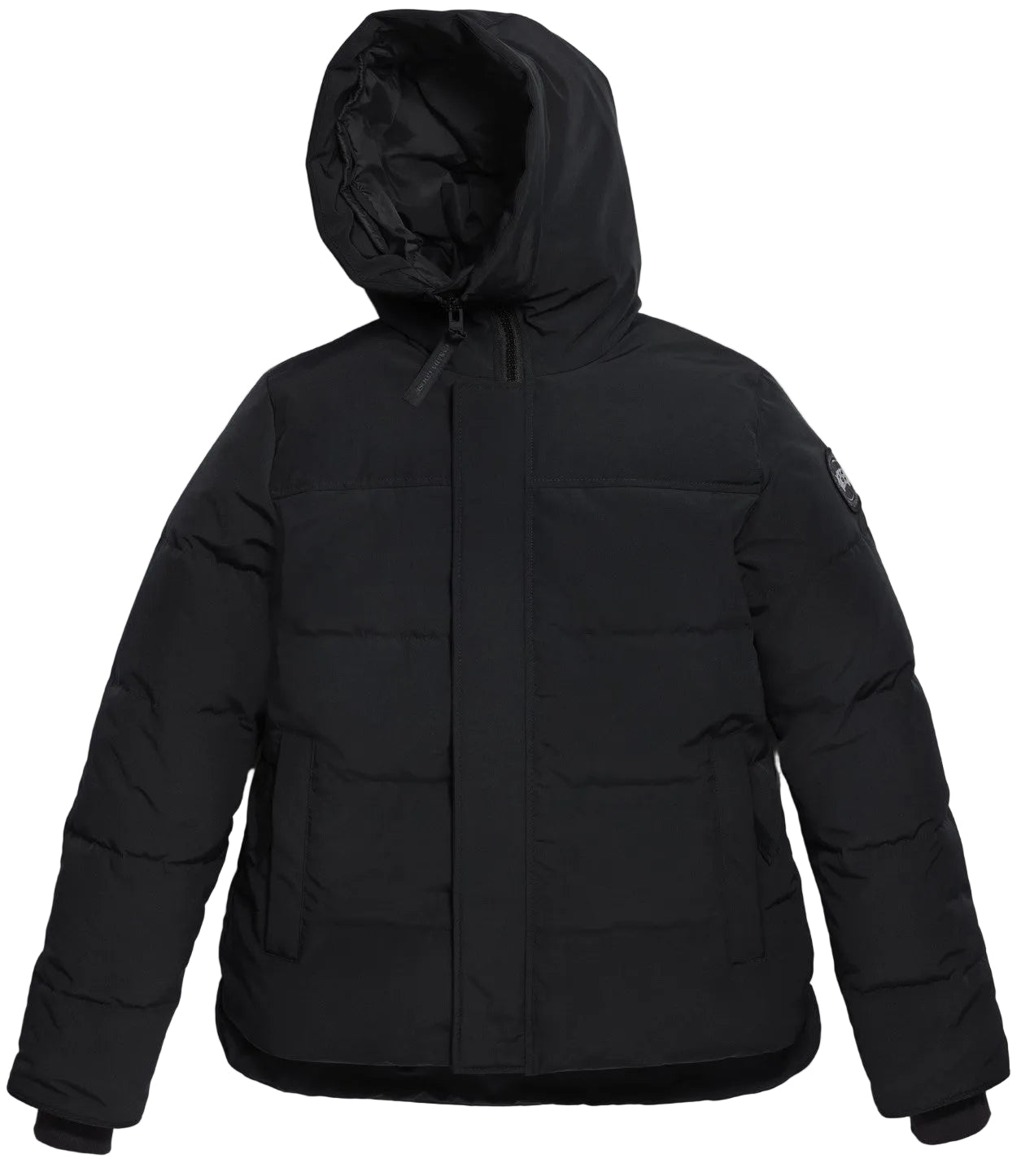A solid black puffer jacket with a hood, a central zippered closure hidden by a placket, and ribbed cuffs.