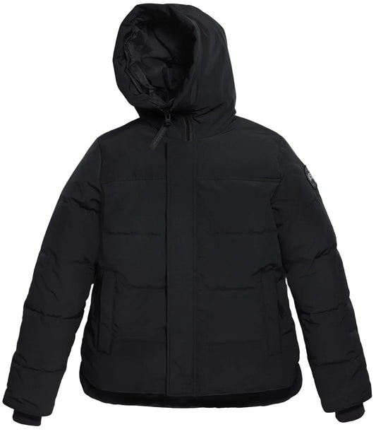 A solid black puffer jacket with a hood, a central zippered closure hidden by a placket, and ribbed cuffs.
