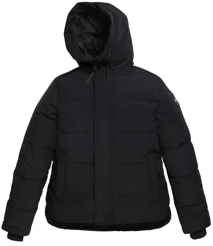 A solid black puffer jacket with a hood, a central zippered closure hidden by a placket, and ribbed cuffs.