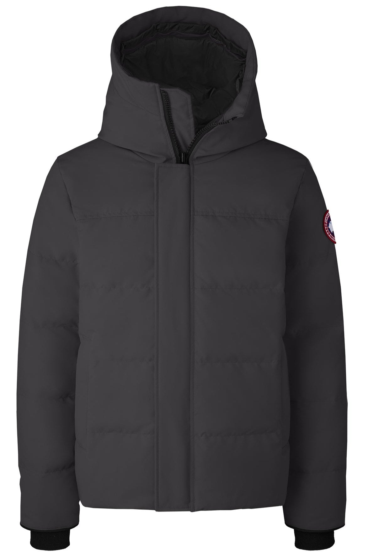 Dark gray hooded puffer jacket with a circular badge on the sleeve.