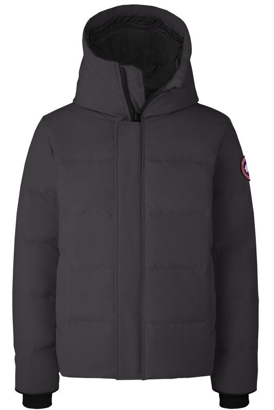 Dark gray hooded puffer jacket with a circular badge on the sleeve.