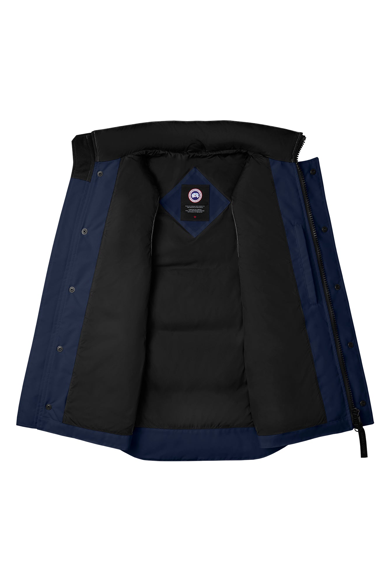 Open navy parka jacket with black lining.