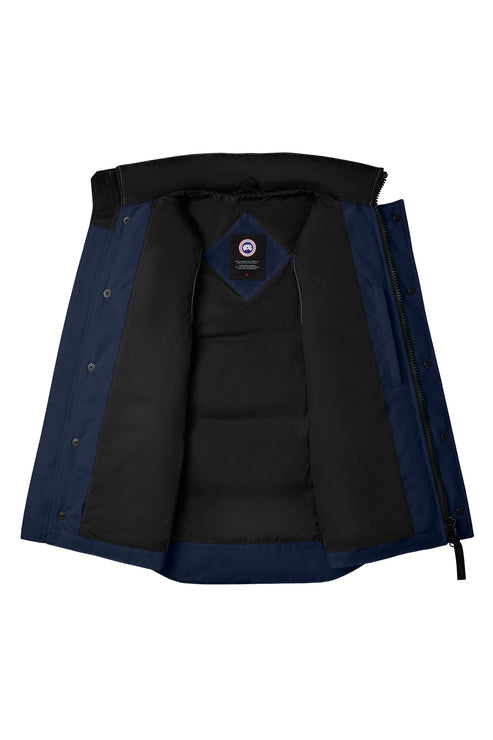 Open navy parka jacket with black lining.