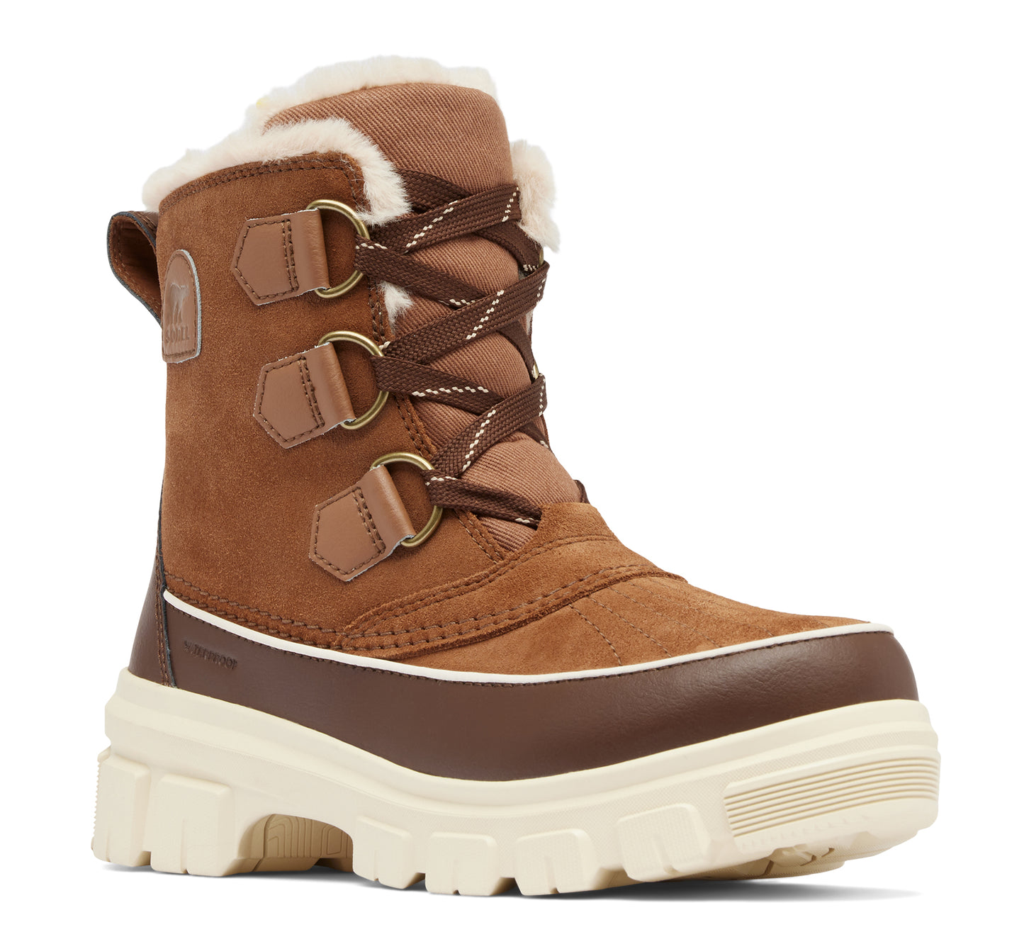 Brown boot with cream-colored faux fur lining and a thick, lugged sole, featuring D-ring lace closures.