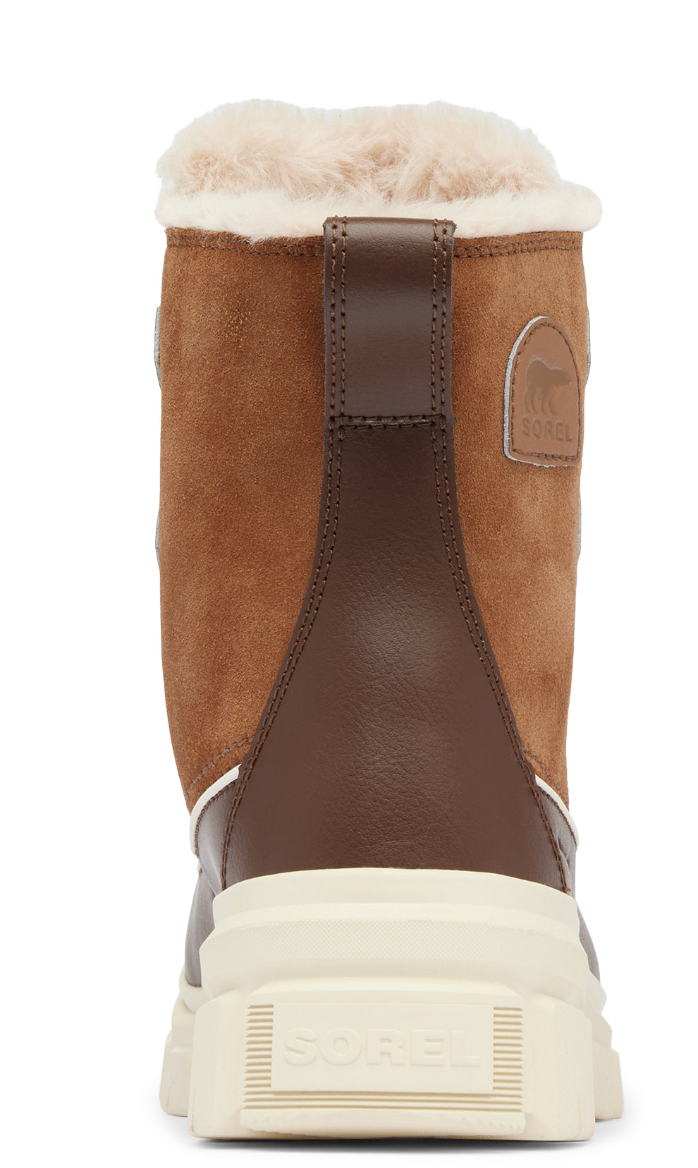 Back view of a boot in brown and tan, featuring a thick white sole, fur trim, and a logo patch.
