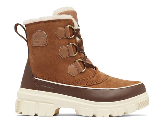 Brown insulated winter boot with a cream-colored lug sole, faux fur trim, lace-up closure, and a heel pull tab.