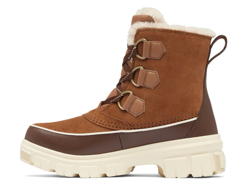 Brown lace-up boot with white trim and lug sole.