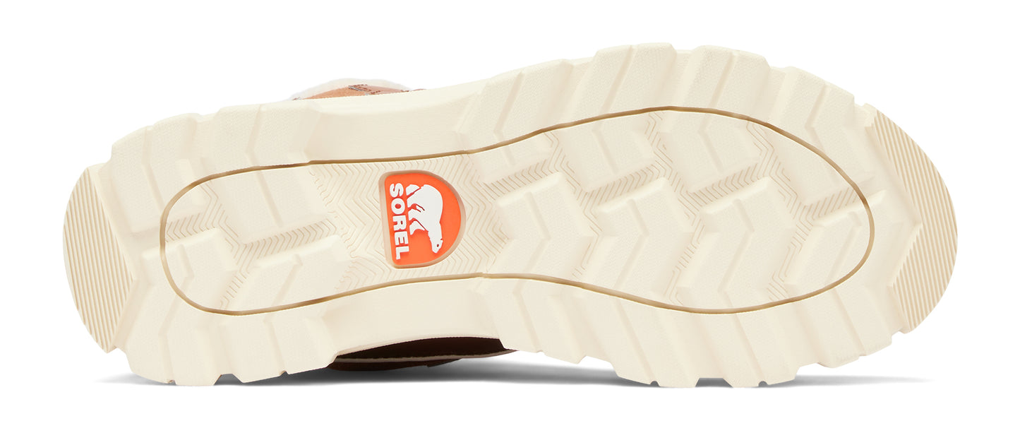 Sole of a Sorel boot with a distinctive tread pattern and a prominent Sorel logo.