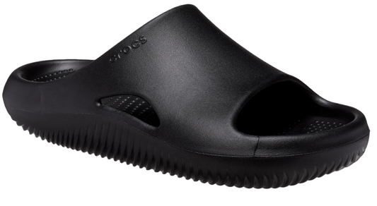 Black slide sandal with a thick, textured sole and the word "Crocs" on the side.