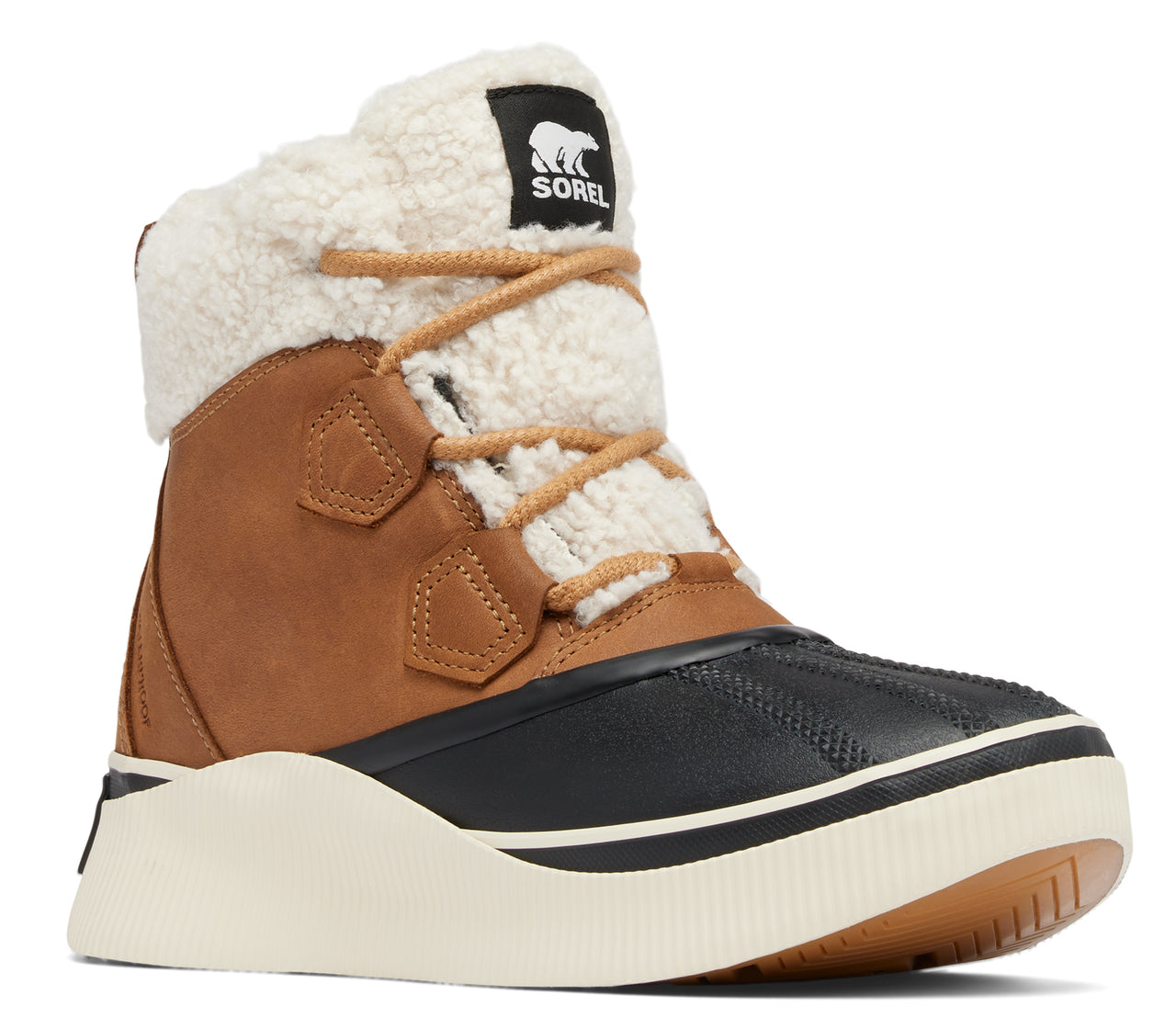 A brown and black boot with white laces, faux fur trim, and a white platform sole, featuring a logo patch on the trim.