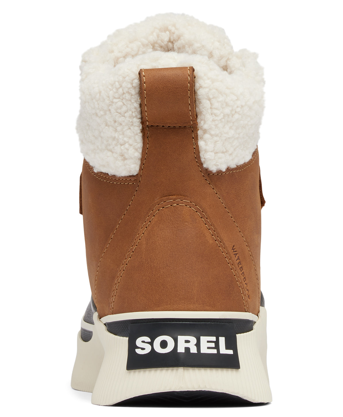 Rear view of a brown and cream colored boot with white faux fur trim and the text "SOREL" on the heel.