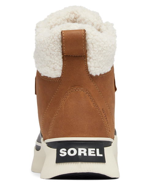 Rear view of a brown and cream colored boot with white faux fur trim and the text "SOREL" on the heel.