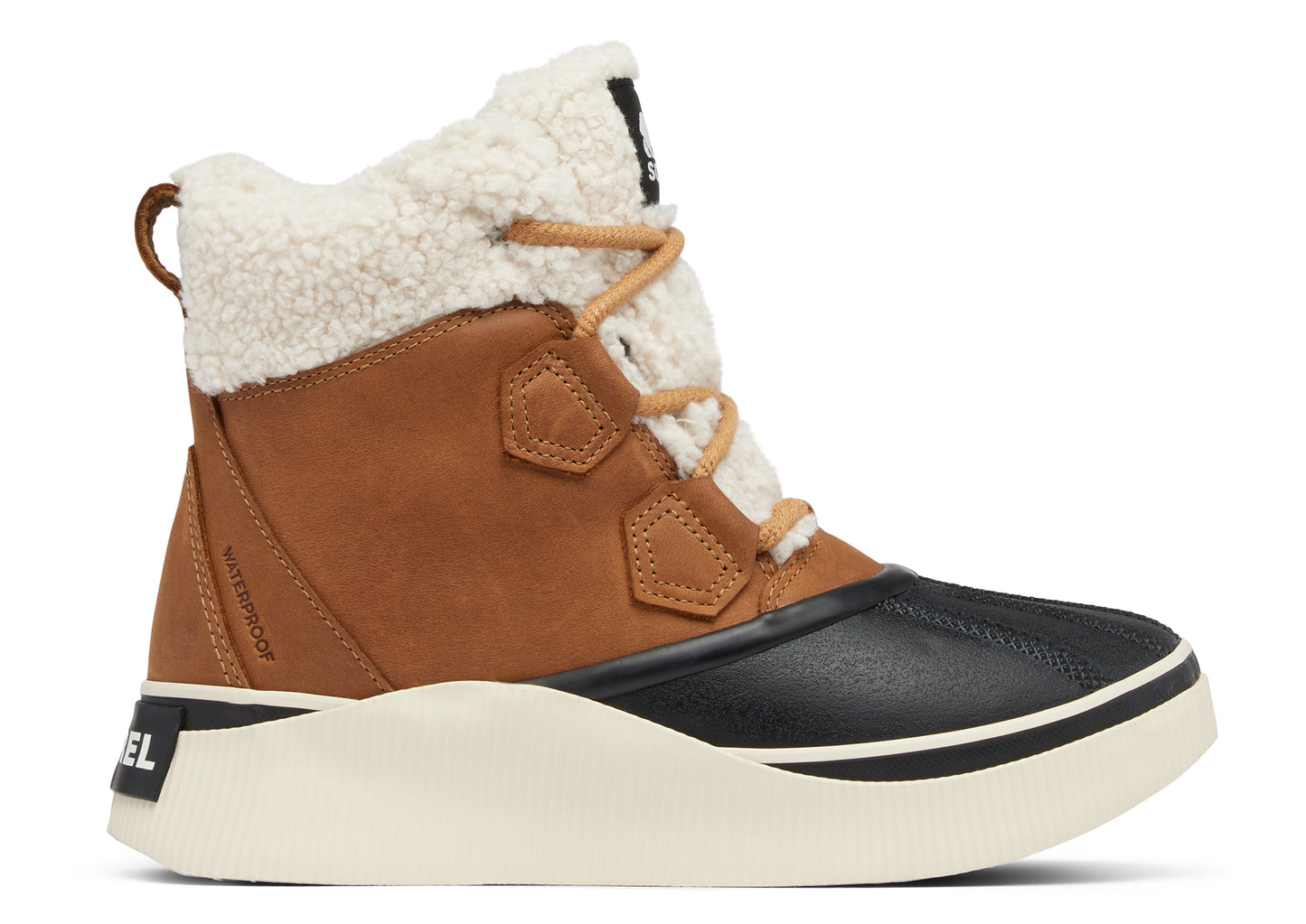 Tan and black SOREL waterproof boot with cream-colored shearling lining and laces, and a white platform sole.