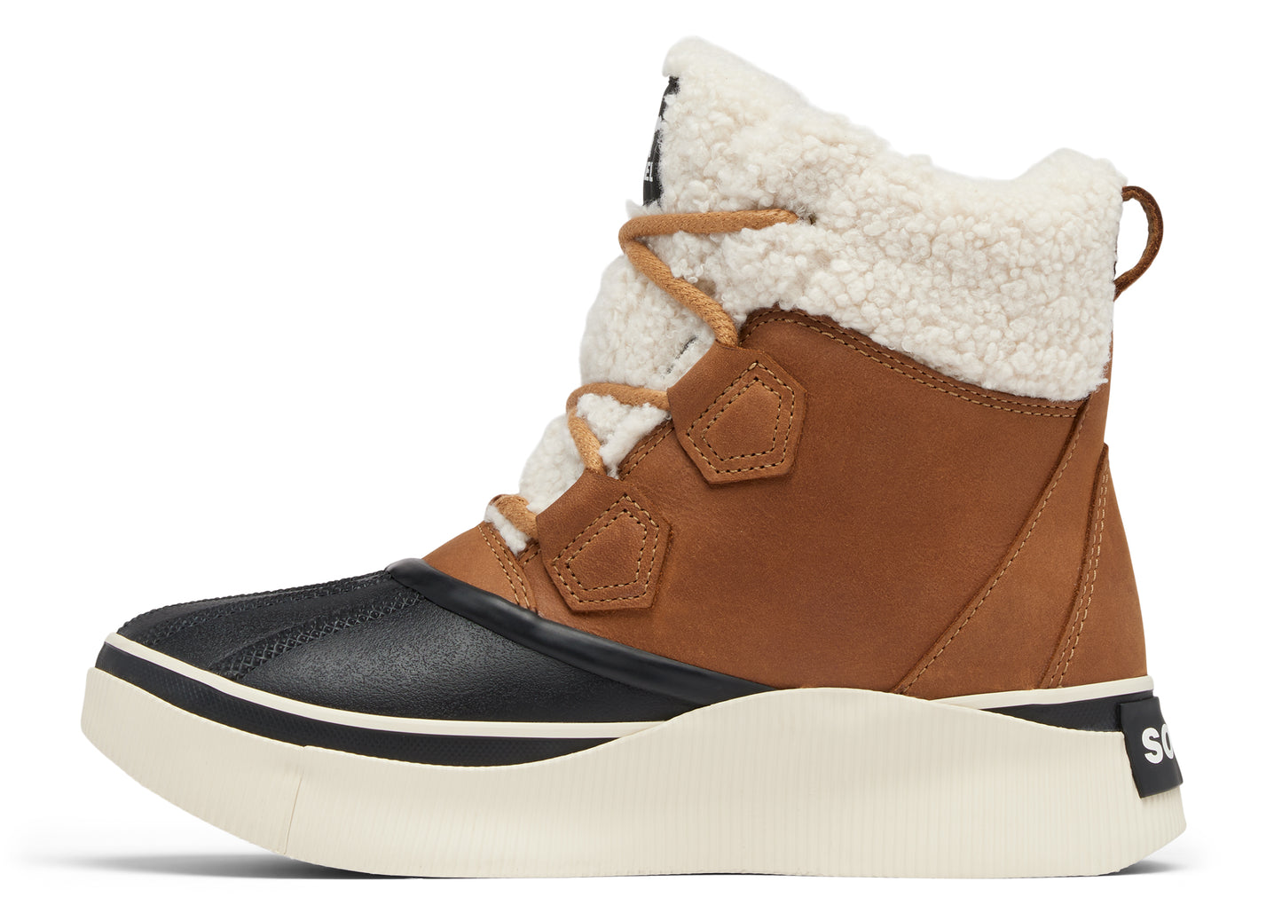 Tan and black high-top snow boot with a faux-shearling collar and thick white sole.