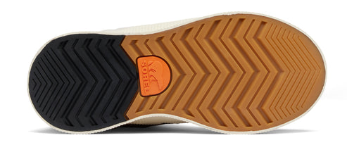 The bottom of a shoe shows a beige sole with a chevron pattern, with black on the left and an orange logo in the middle.