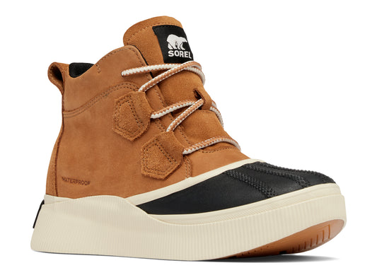 Brown and black ankle-high waterproof boot with white laces and thick white sole. The tongue has a logo that reads "SOREL".