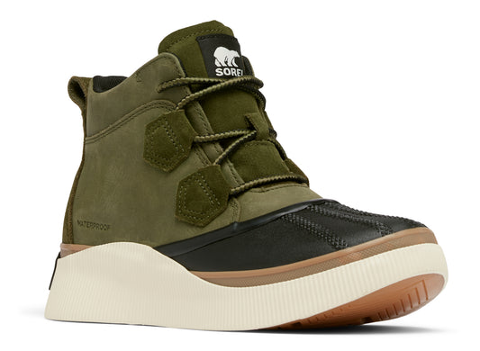 Olive green waterproof ankle boot with black toe and thick white and brown sole, featuring white bear logo and lace-up closure.