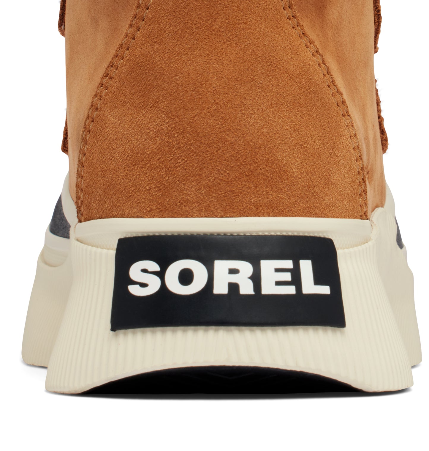 Close-up of the back of a tan boot with a white sole and a black tag with white text that says "SOREL".