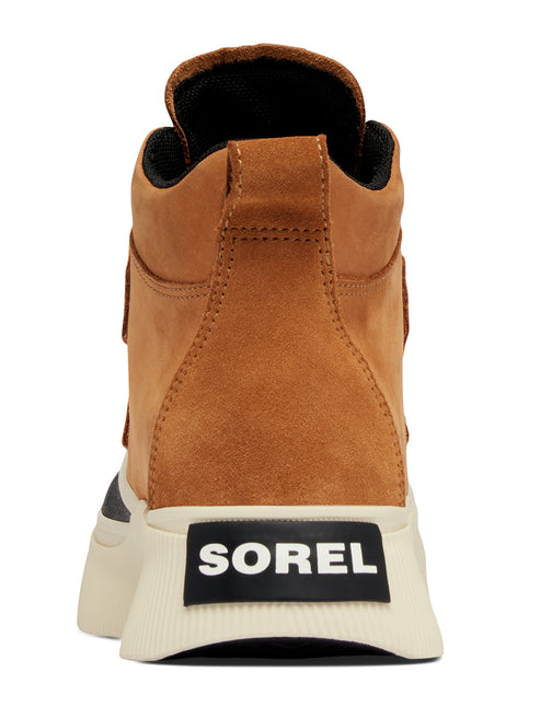 Back view of tan high-top sneaker with a thick, cream-colored sole and a black patch displaying the word "SOREL".