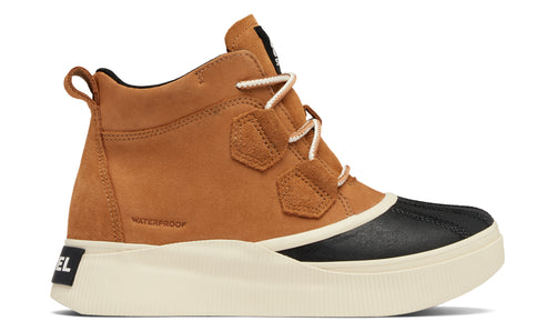 Tan ankle high boot with a black toe guard, a white sole, white laces, and a heel pull tab; 'WATERPROOF' is printed on the side, and a label says 'SOREL' on the heel.