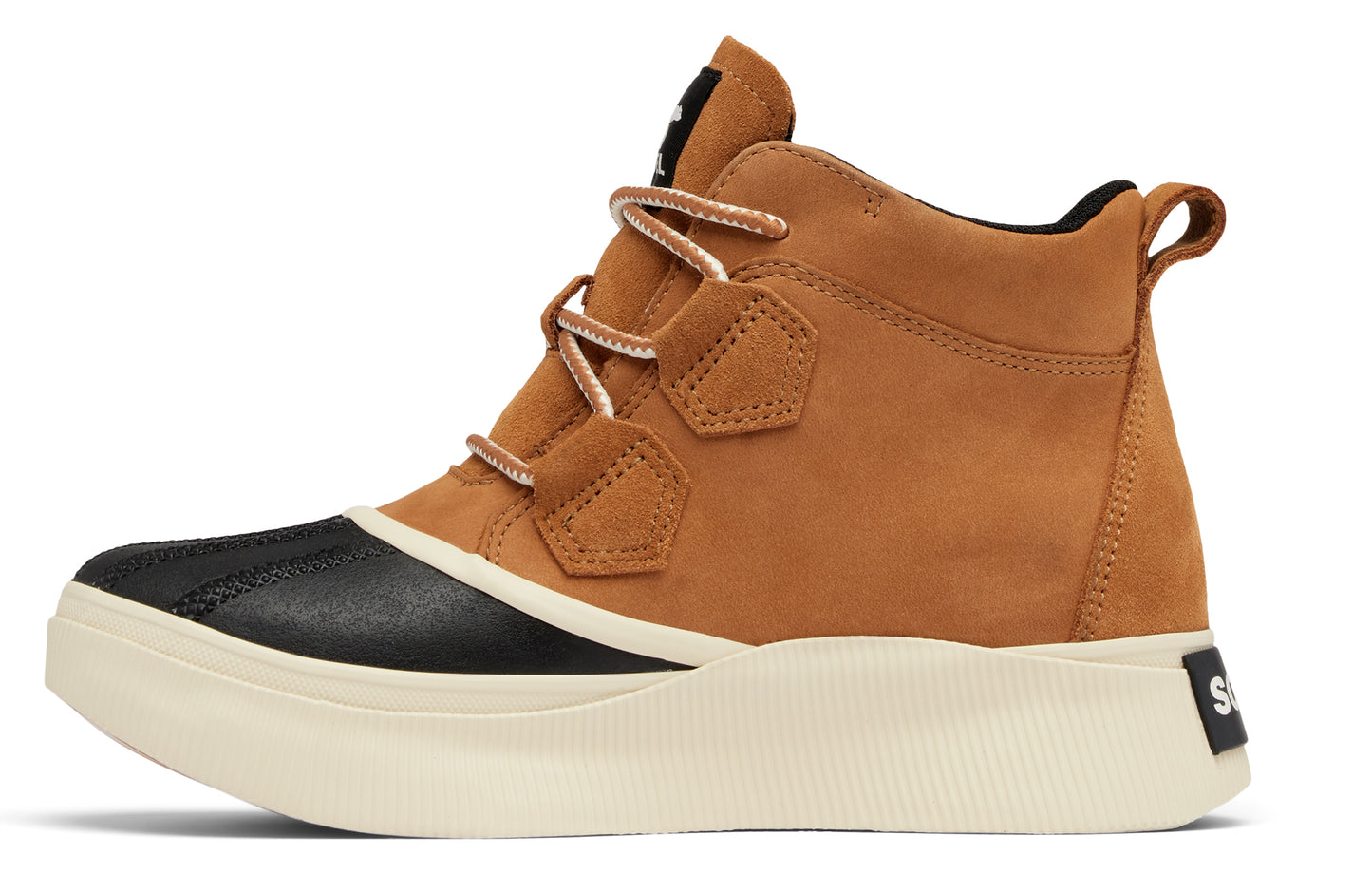 Mid-rise tan boot with black toe, off-white sole and tan laces.