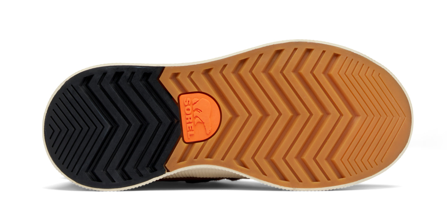 shoe sole featuring a brown herringbone tread pattern with black chevron accents and an orange logo.
