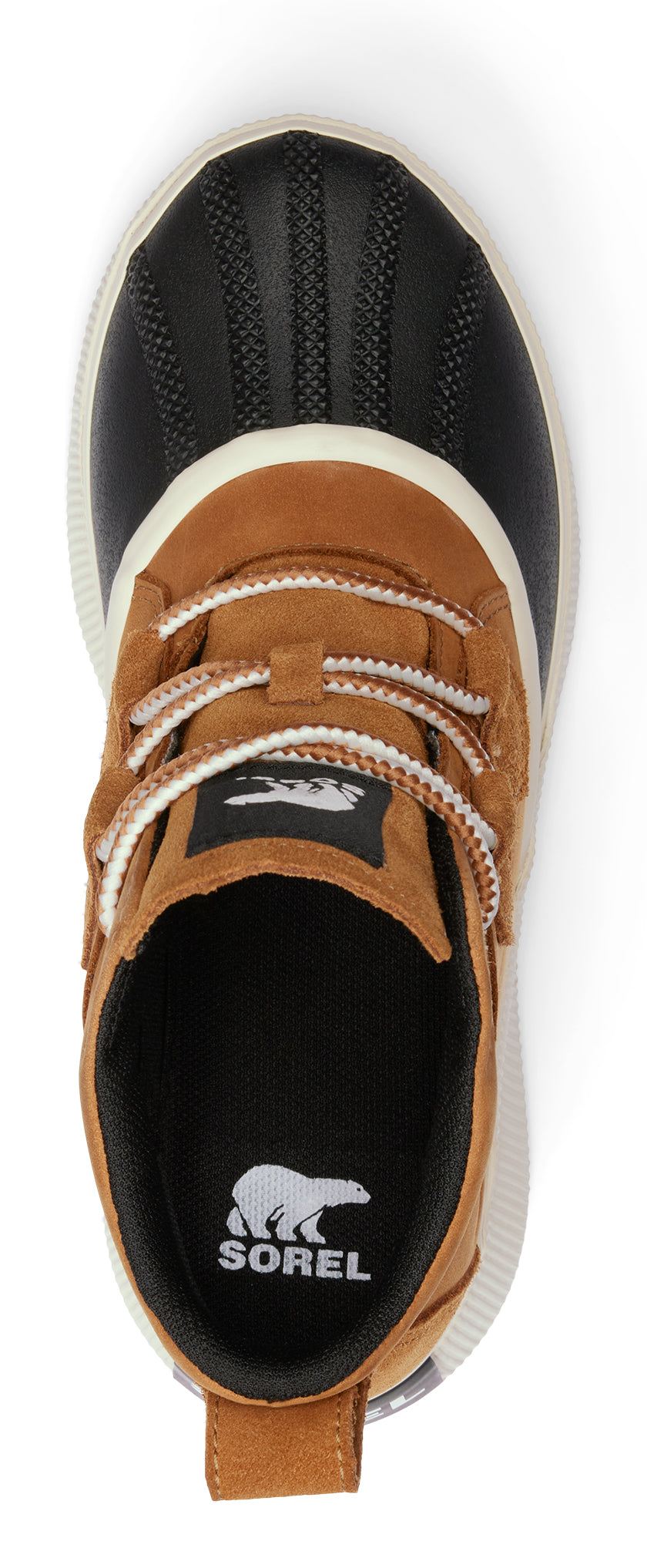 Top-down view of a boot featuring a black rubber toe, brown suede upper, and white laces, with the brand logo visible on the tongue and insole.