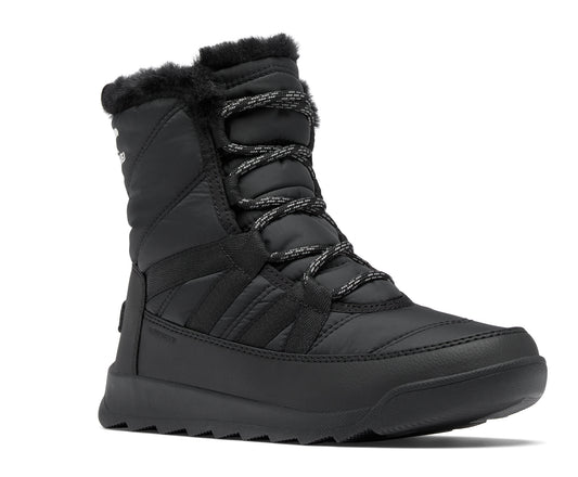 Black quilted winter boot with grey laces and faux fur trim.