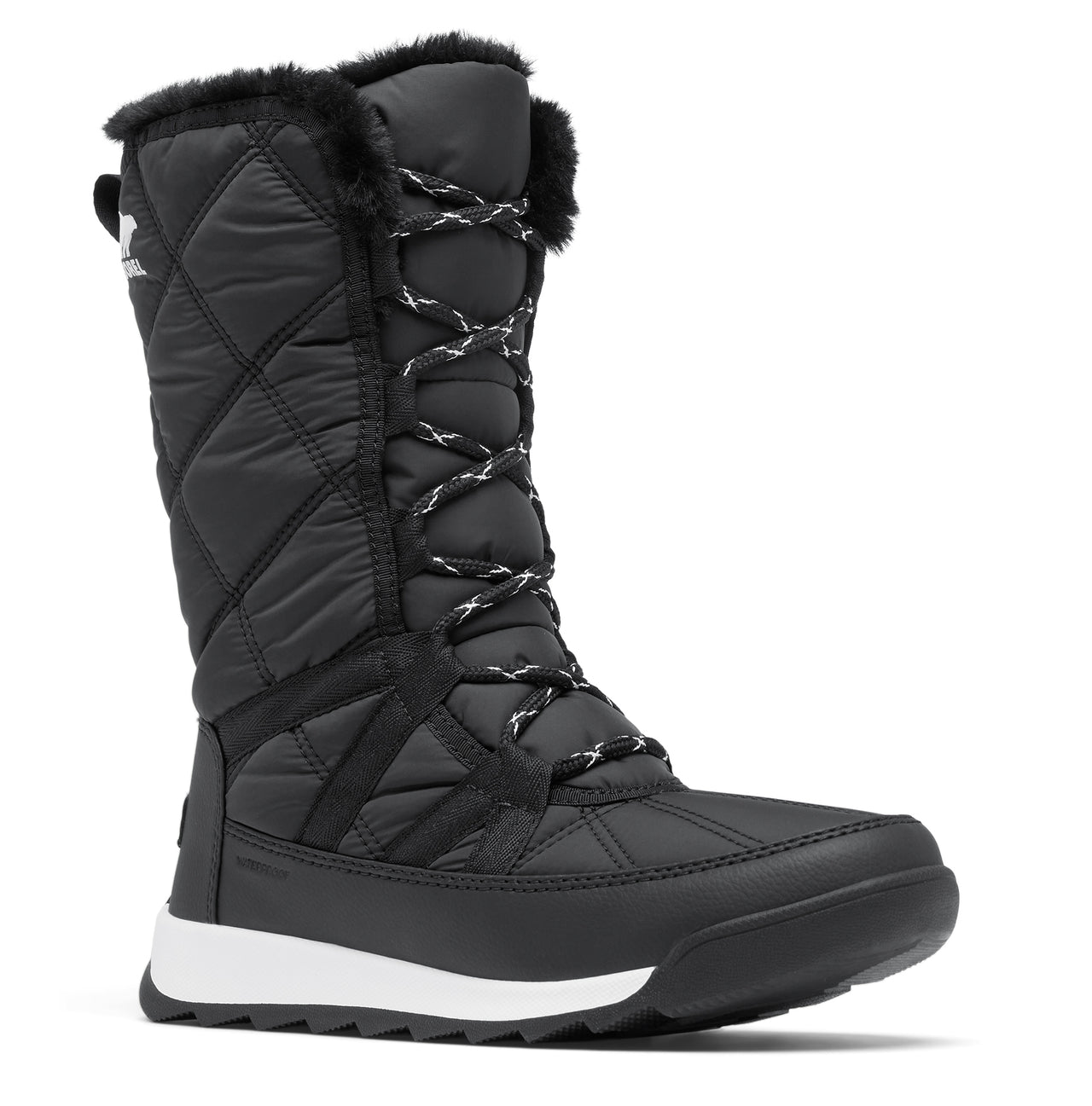 Tall black winter boot with faux fur trim and white laces.