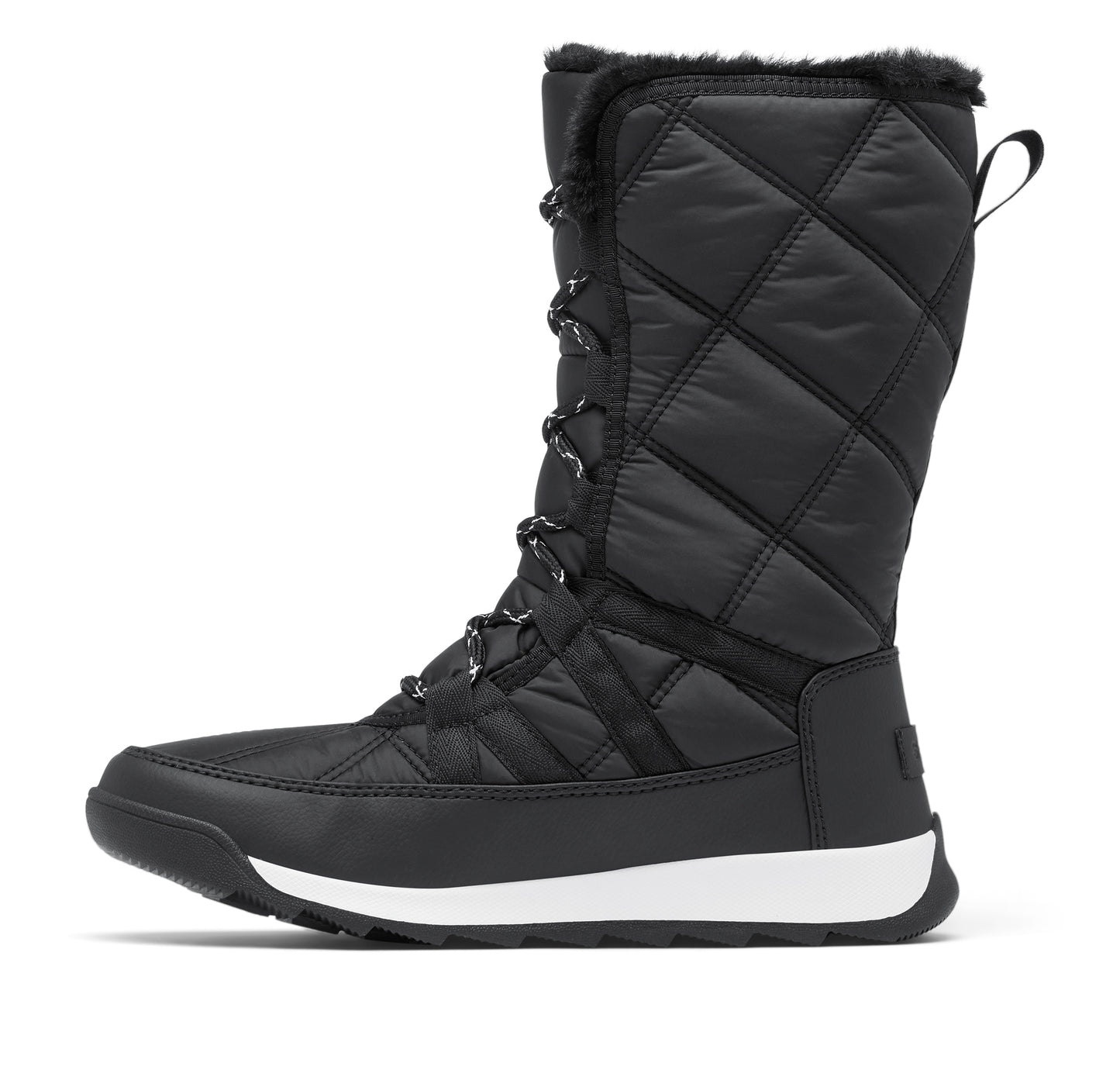 Black insulated quilted winter boot with faux fur trim and lace-up closure.