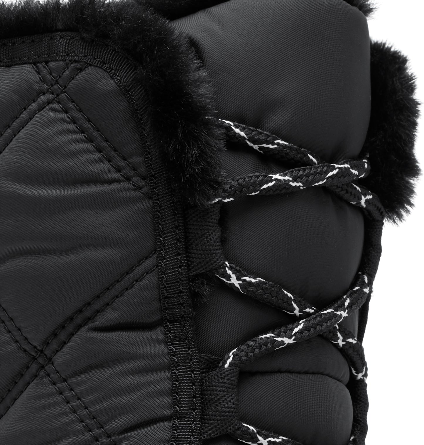 Close-up of black quilted boot with faux fur trim and black and white laces.