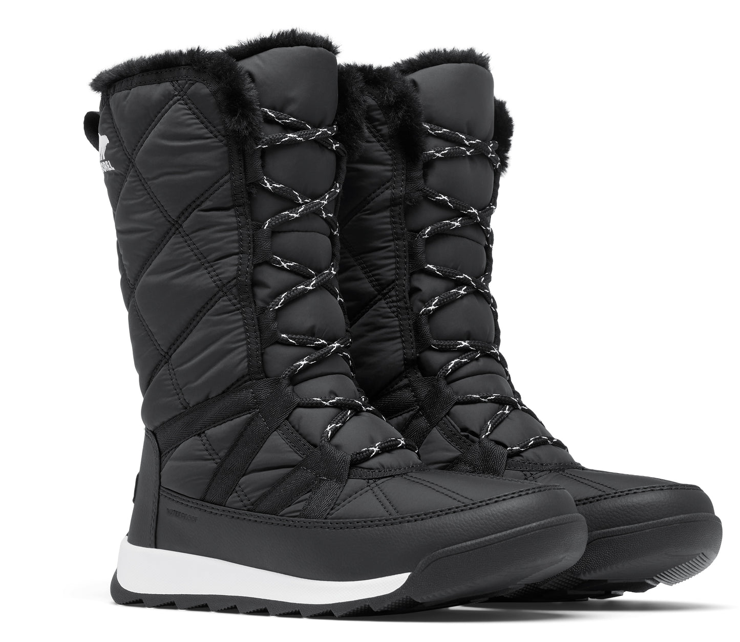 Pair of black quilted tall boots with lace-up fronts and faux fur trim.