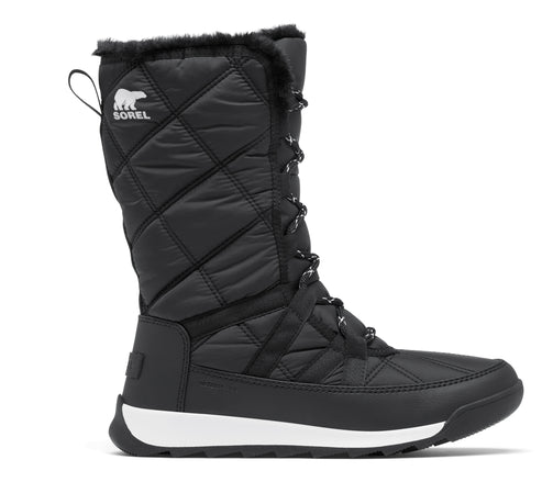 Tall black winter boot with faux fur trim and white logo near the top.
