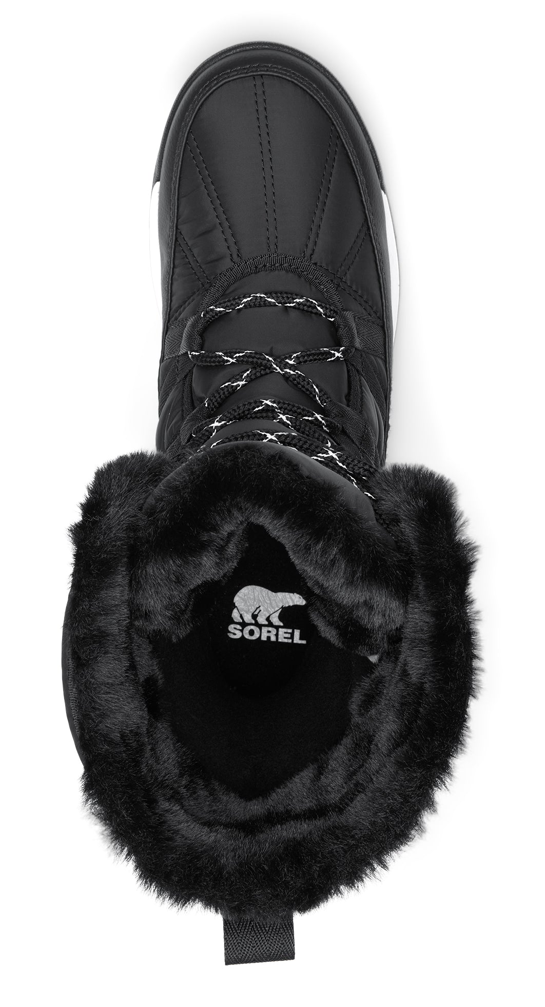 Black boot with faux fur trim and SOREL logo inside.
