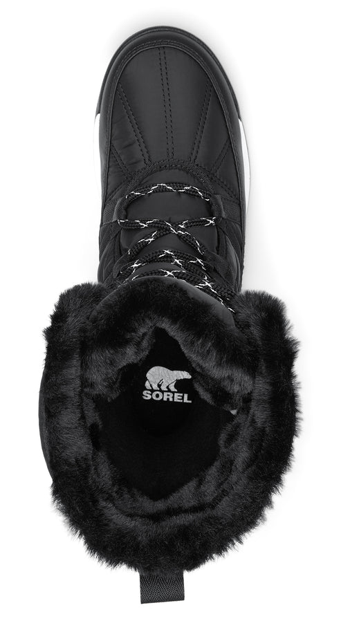 Black boot with faux fur trim and SOREL logo inside.
