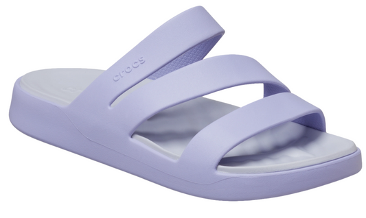 Lavender slide sandal with three straps and the word "crocs" on the top strap.