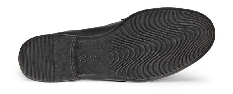 The outsole of a black shoe with a ridged heel and wavy texture.